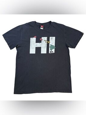 Vintage Y2K Quiksilver 'HI' Graphic Tee Shirt Mens Large Flawed Distressed Retro